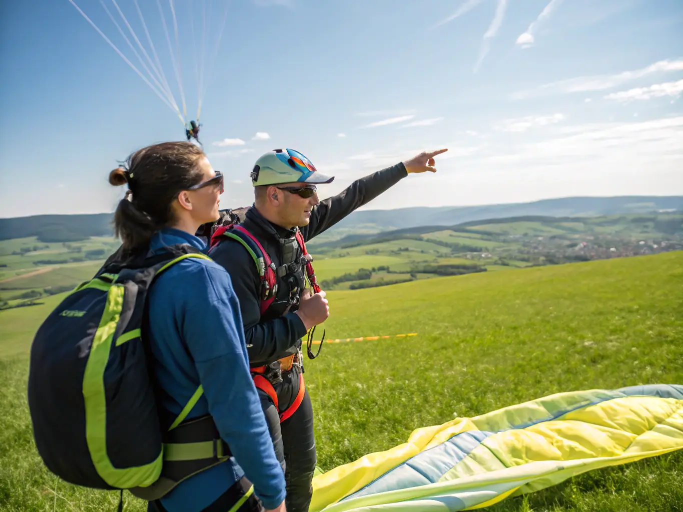 An image of participants in a hang gliding training session, with instructors providing guidance and support.