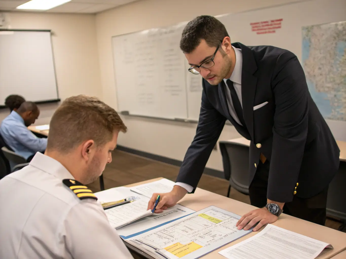A diverse group of members participating in a ground school session, learning about aerodynamics and flight planning, with an instructor leading the discussion.