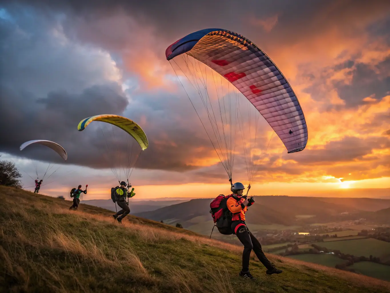 An image of a group of people participating in a hang gliding training session, with instructors providing guidance and support. The setting should be a wide-open field with mountains in the distance.