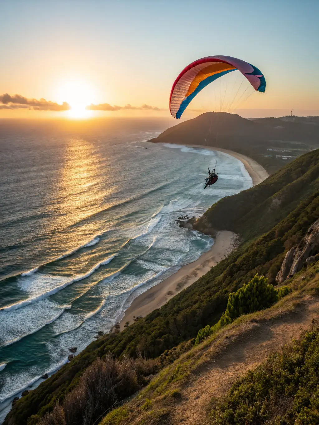 A dynamic image capturing a paraglider soaring high above the lush, green landscape of Treignac, with the sun setting in the background, emphasizing the freedom and adventure of aerial sports.