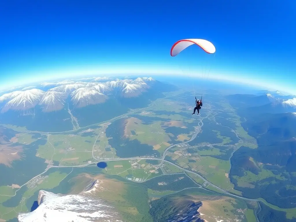 A vibrant image showcasing a paraglider soaring over the lush, green landscape of Treignac, France, with clear blue skies in the background. The image should convey a sense of freedom, adventure, and the beauty of the natural environment.