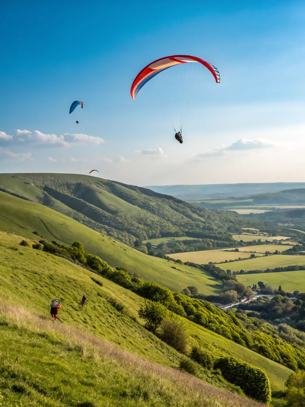 A scenic shot of paragliders launching from a mountain peak, with the town of Treignac visible below, highlighting the stunning location and the accessibility of free-flight activities in the region.