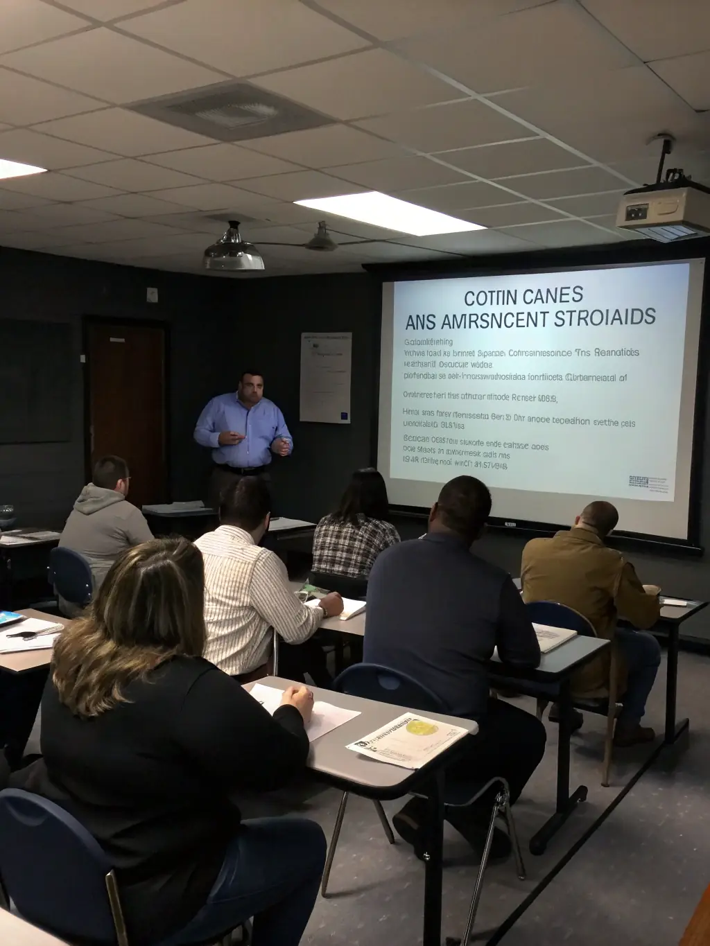 A diverse group of people participating in a ground school session, learning about aviation safety, meteorology, and flight regulations, highlighting the importance of education in aerial sports.