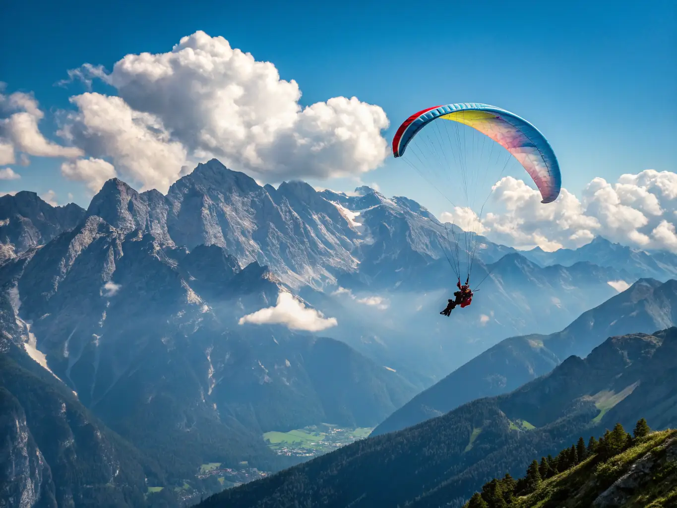 A vibrant image of paragliders soaring over the lush, green landscape of Treignac, showcasing the freedom and excitement of free-flight.