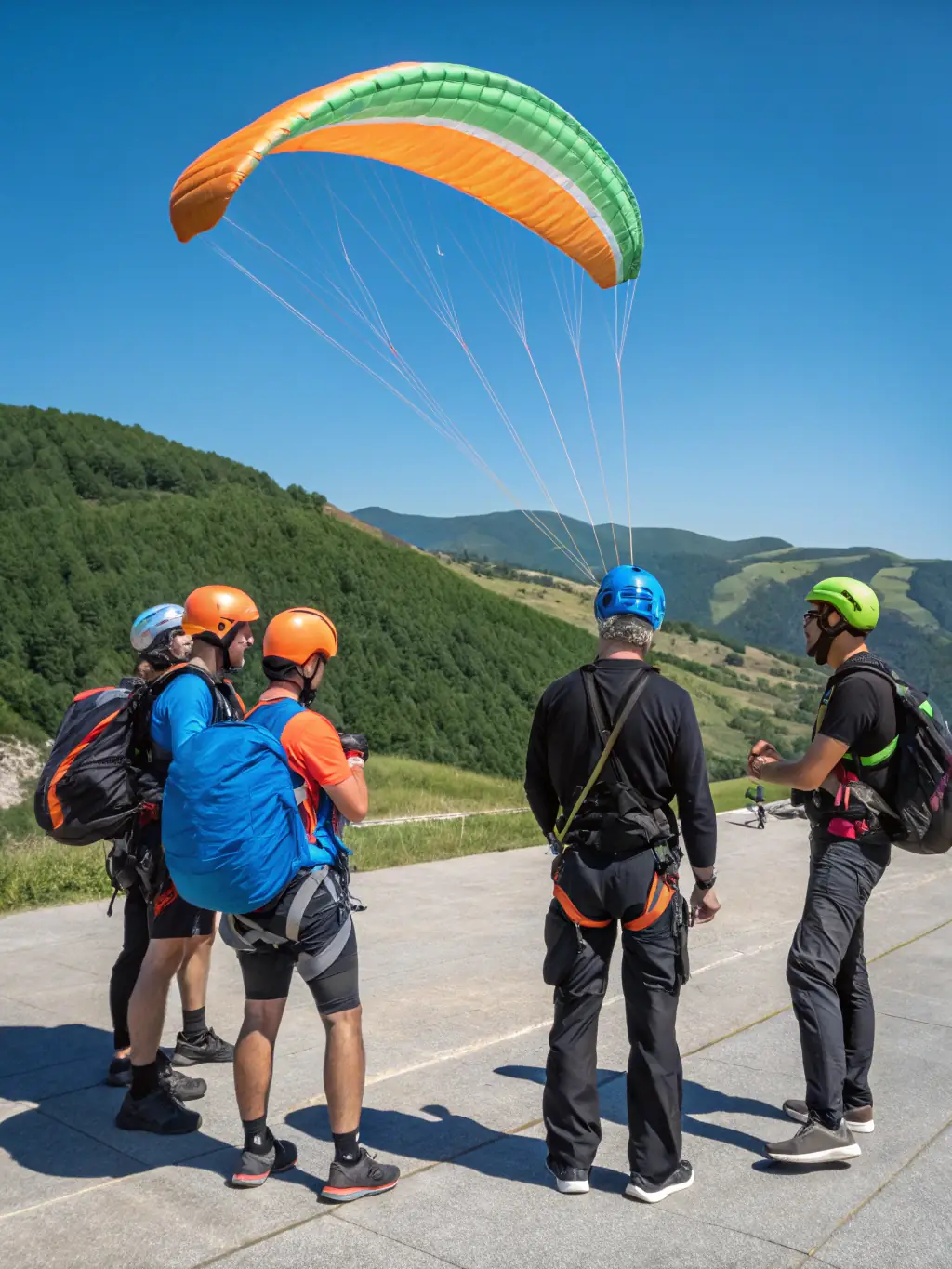 A group of hang gliding enthusiasts preparing their gliders on a hilltop, with the picturesque Millevaches plateau stretching out before them, illustrating the camaraderie and excitement of hang gliding.