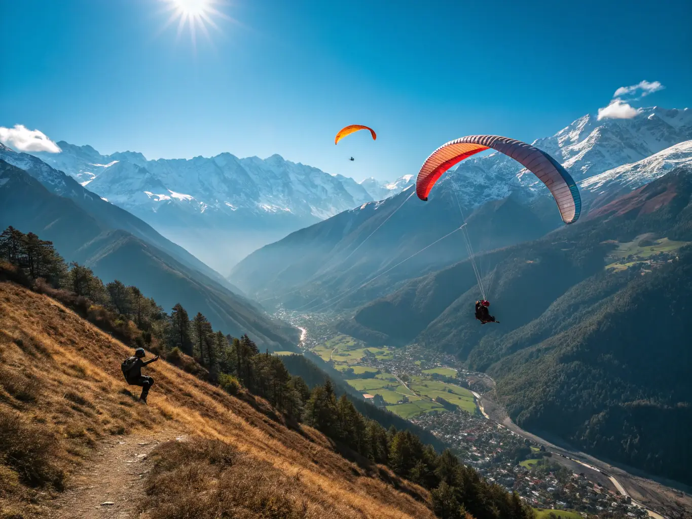 A group of paragliders launching from a mountain peak at Treignac, with the lush green landscape visible below and a clear blue sky above, symbolizing adventure and freedom.
